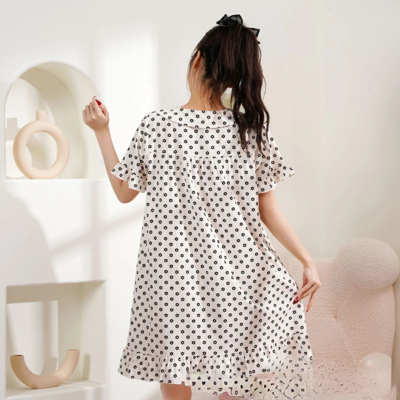 Pajamas for Women Summer New Style Home Service Round Neck Cotton Nightdress Can Be Worn Outside Comfortable and Soft Nightwear
