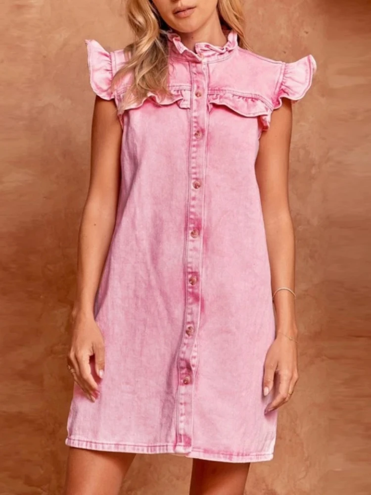 

New Y2k Summer Mini Dress Women Feifei Sleeve Denim Dress Vintage Solid Colour Single Breasted Ruffle Trim Sleeveless Streetwear