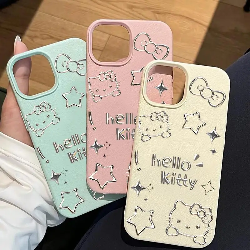 Silver Lines Hello Kitty Fashion TPU Imitation Leather Phone Case For iPhone 16 Plus 15 14 13 12 11 Pro Max Shock-absorbing