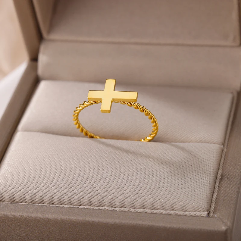 

Stainless Steel Cross Rings For Women Gold Color Simple Twist Chain Cross Finger Ring Party Birthday Jewelry Bague Femme 2022