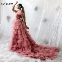 elegant pink prom dress sweetheart ruffles tiered pleated tulle prom gowns off the shoulder lace up party dresse with long train