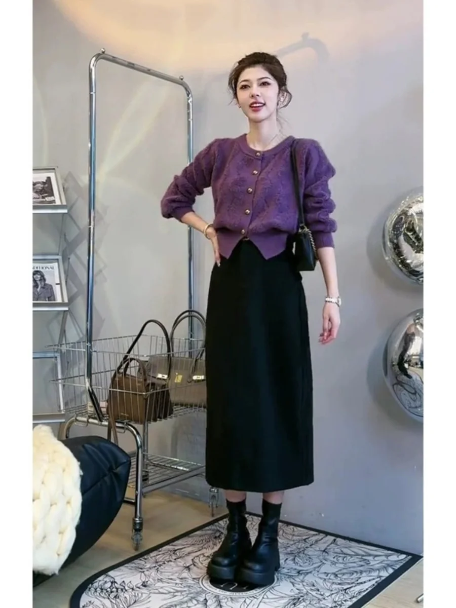 Autumn and Winter Graceful This Year's Popular Beautiful Purple Sweater Half-Length Skirt set Women Deep Winter clothes Match...