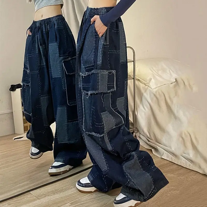 Woman Jeans Japanese Chic Wide Leg Pants Vintage Patchwork Plaid Pocket Trousers Streetwear Y2k Clothes Pantalon 2022 New
