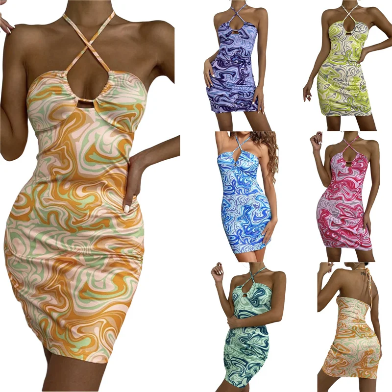 

Женское летнее модное облегающее платье без рукавов с подвесным воротником и принтом