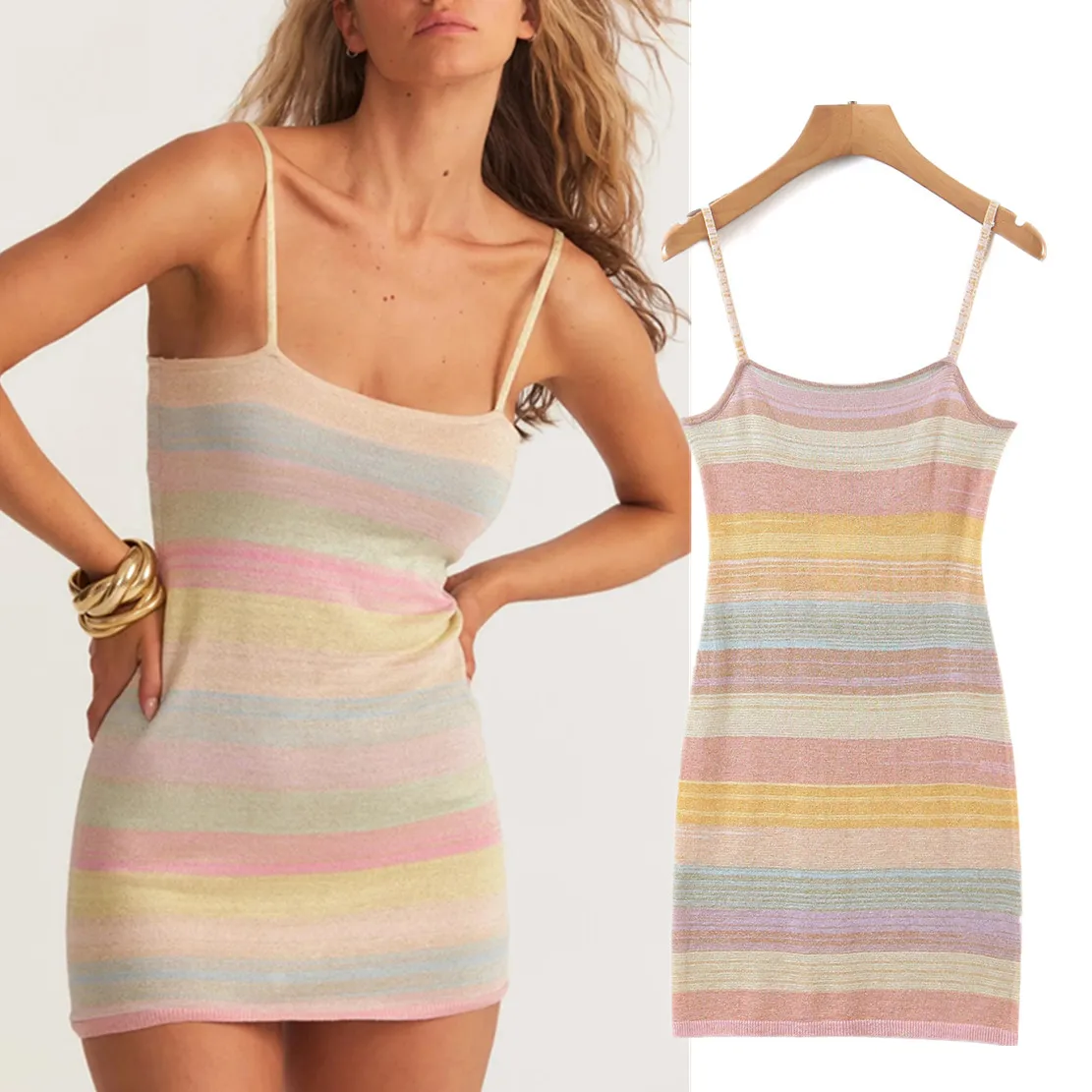 

Elmsk 2022 Instagram модное шелковое платье-спагетти в стиле ретро, золотое, без бретелек, Радужное, Полосатое, трикотажное мини-платье для женщин