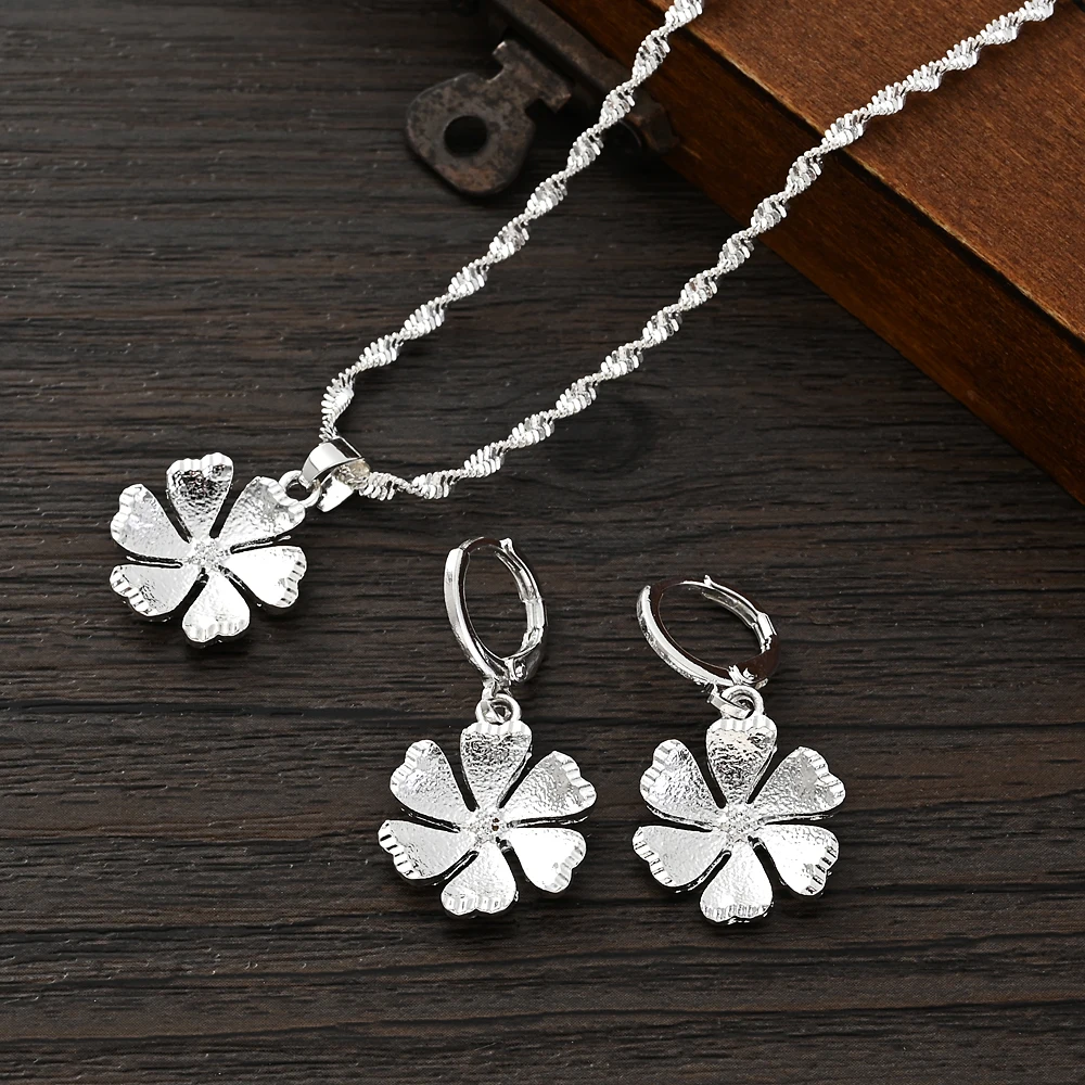 

African Silver Color Wedding Necklace and Earrings Flower Set For Women Bridal Dubai Jewellery Set