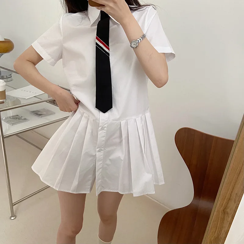 

High Quality Korean Style TB Pleated Dress Women's 2023 Summer New College Style Small White Short Sleeve Shirt A-line Dress