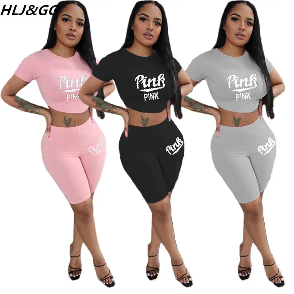 

HLJ&GG Casual PINK Letter Print Two Peice Sets Women O Neck Crop Top + Biker Shorts Tracksuits Female Fitness Sport 2pcs Outfits