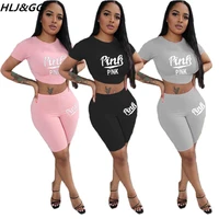 hljgg casual pink letter print two peice sets women o neck crop top biker shorts tracksuits female fitness sport 2pcs outfits