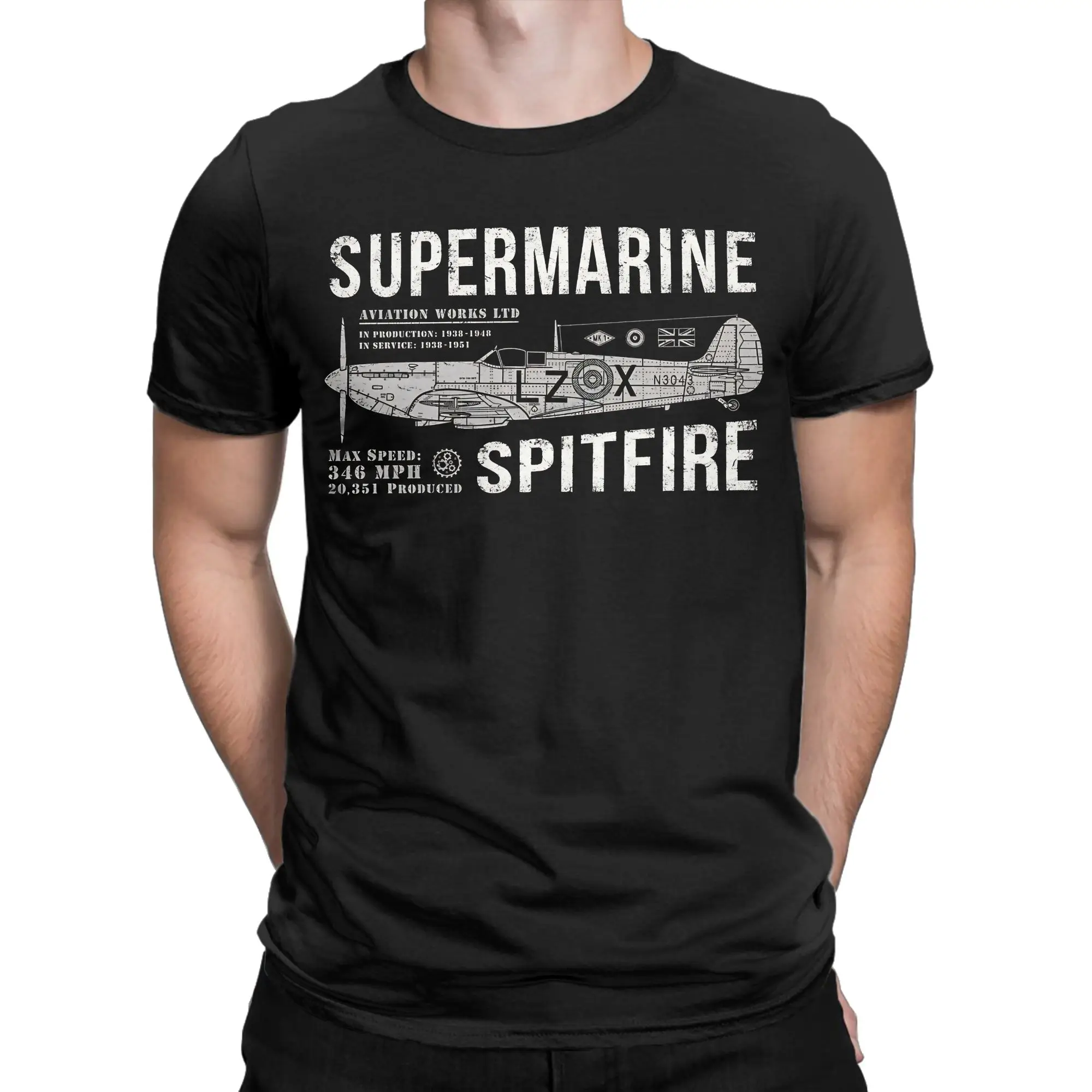 Фото Футболки Spitfire Supermarine RAF Fighter Aircraft, футболки из 100% хлопка, летние винтажные футболки с короткими рукавами, футболка с круглым вырезом в стиле хиппи №2