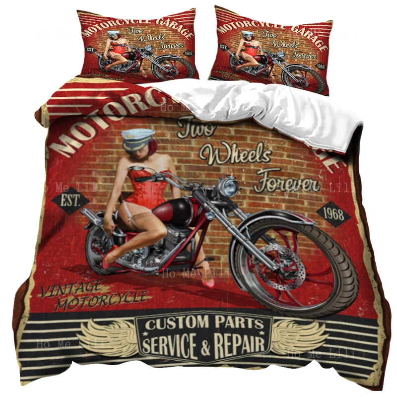 

Motor Garage Vintage Poster With Sexy Pin Up Girl Sitting On Bike Red Black Retro Metal Tin Signs Duvet Cover By Ho Me Lili