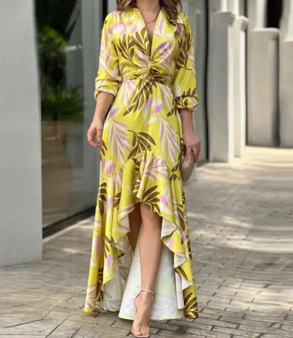 Fashion Summer Dresses for women 2023 Plant Print Tie Detail Casual V-Neck Long Sleeve Slit Asymmetrical Dress Women's dress