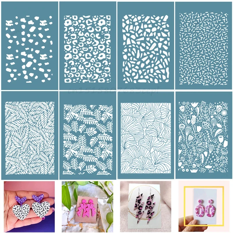 

8 Styles Transfer Mesh Template Polymer Clay Silk Screen Stencils Reusable Silkscreen Print Kit For Printing Clay Line