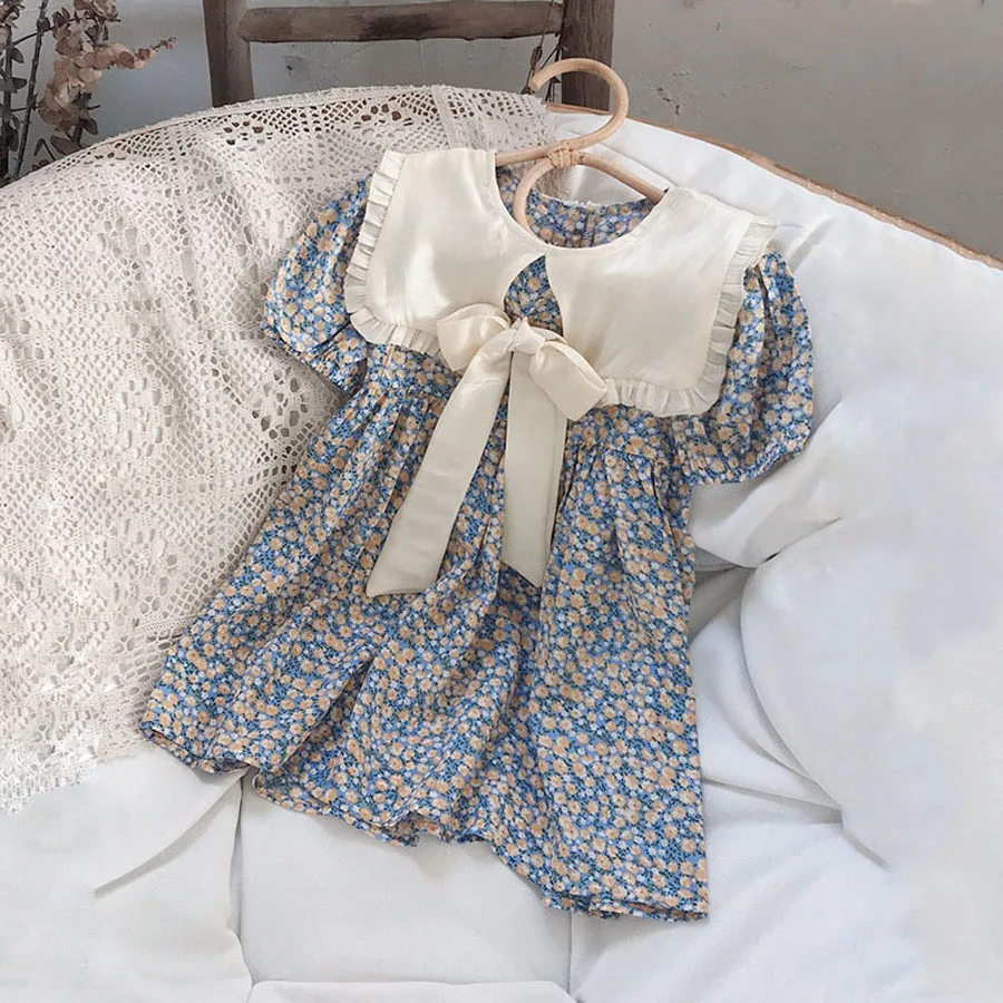 

2022 Princess Dress Girls Kids Summer Clothing Korean Fashion Dresses Floral Print Short Sleeve Big Collar Bowknot Vestidos