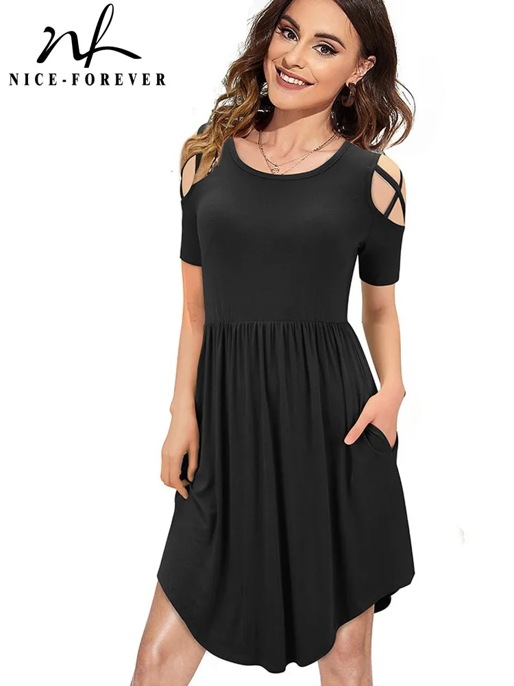 

Nice-forever Summer Women Fashion Cold Shoulder Cut Out Dresses Casual Holiday Flare Swing Dress btyA163