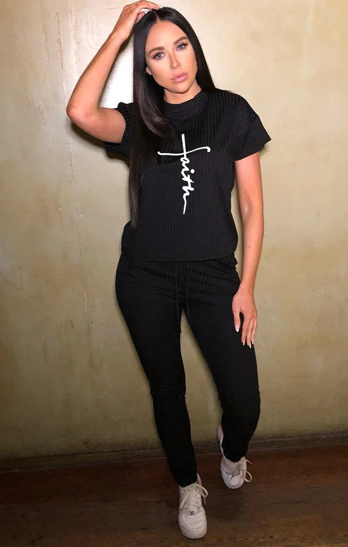 

Women's Tracksuit Suit Summer Striped Short Sleeve Crew Neck Top and Bottom Pants Suit Casual Fashion Sports Print Two Piece Set