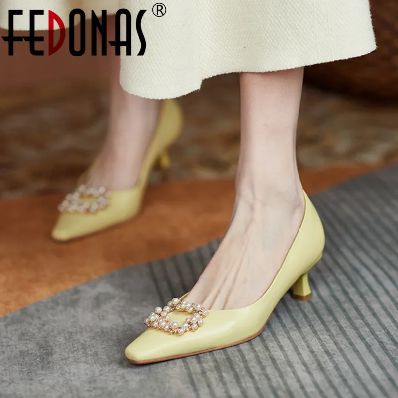 

FEDONAS Fashion Concise Basic Women Pumps Spring Summer Genuine Leather Pearl High Heels Shallow Shoes Woman Casual Working