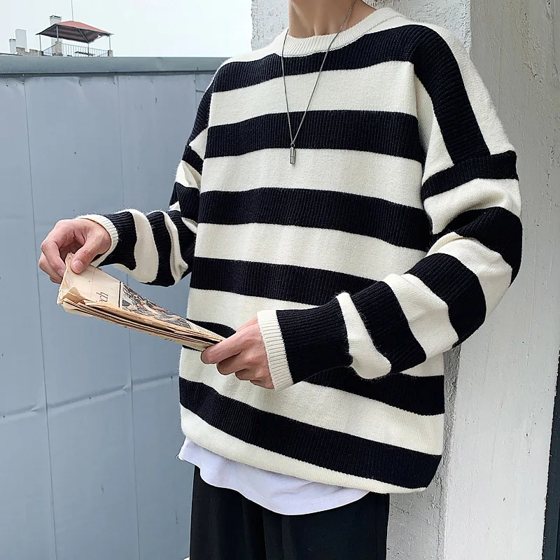 2022 Men Winter Fall Long Sleeve Striped Sweaters Korean Autumn Casual Knitted Warmth Pullovers Male Loose Sweater Streetwear