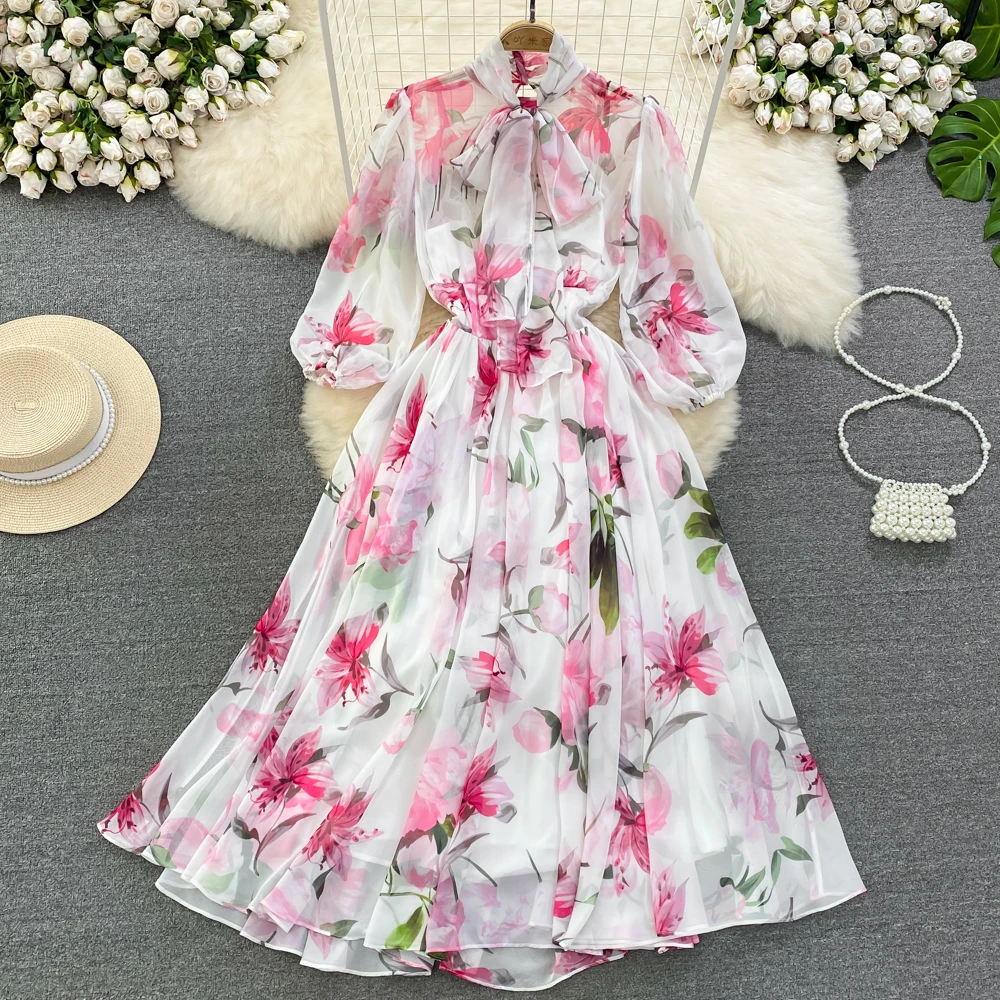 

Summer Elegant Long White Dress for Women Chiffon Printed Tie Neck Midi Femlae Vestidos Thin 3/4 Sleeve Sheer Tarf Party New In