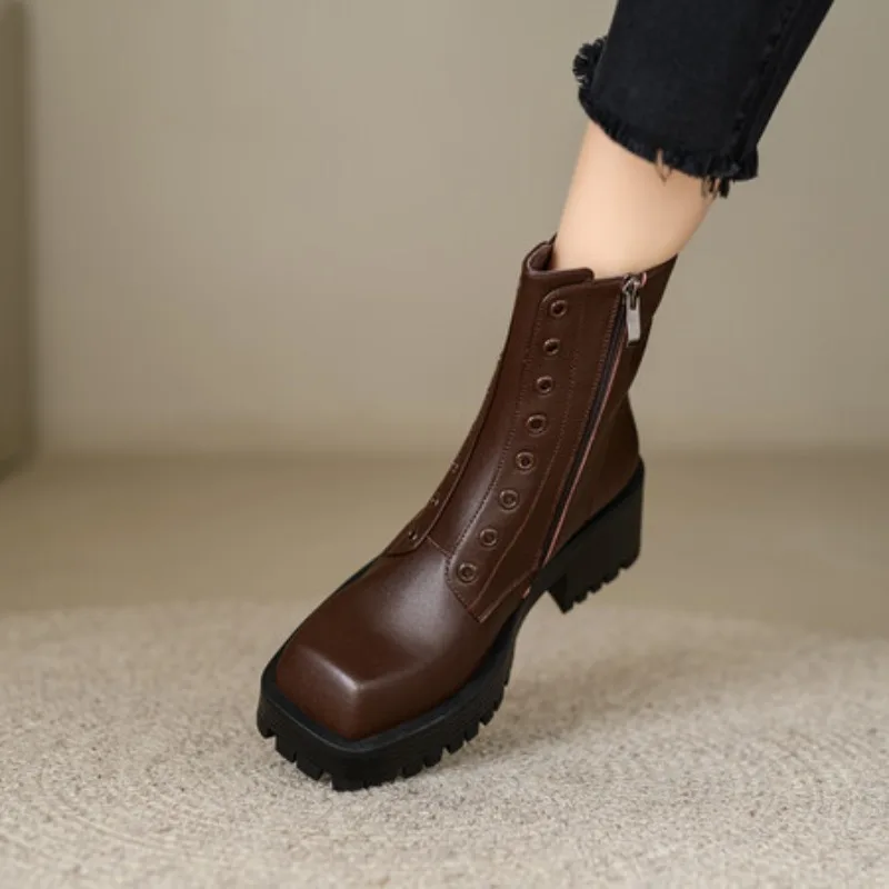 

Spring Fashion Design Genuine Leather Ankle Boots Thick Heel Square toe Women's Short Boots Mid Heel Zipper High Heel Boots