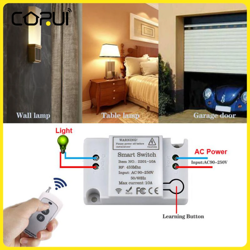 

CoRui Wireless Smart Switch RF 433Mhz Wall Panel Switch 220V Remote Control Wiring-free Panel Lighting Control Relay Receiver