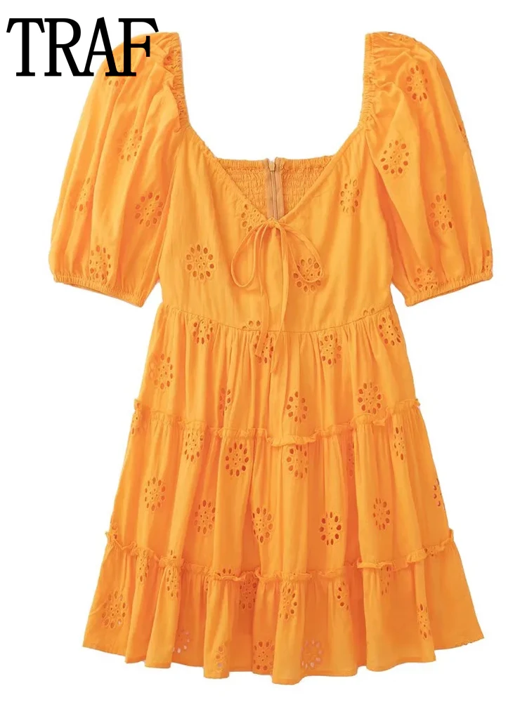 

TRAF Female Dress Puff Sleeve Ruffle Short Dress Woman 2022 Orange Cut Out Embroidery Summer Dresses Ladies Backless Mini Dress