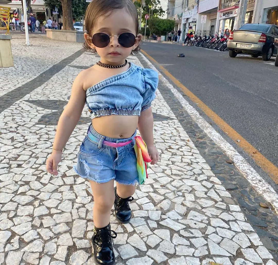 

Infant Baby Girl Summer Outfits Toddler 2Pcs Denim Clothes Set One Shoulder Short Sleeve Crop Top Ripped Shorts