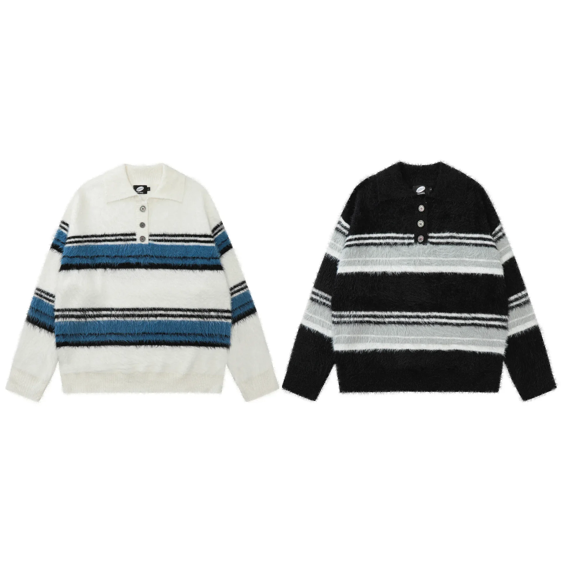 2024 Autumn New Trendy Brand Casual Angora Knitted Top Men Women Loose Fit Versatile Sweater Lapel Stripe Design Fashion