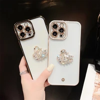 plating swan glitter stone straight edge phone case for iphone 11 13 12 pro promax mini xr x xs max 7 8 plus 6 6s plus cover