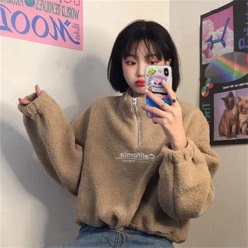 

2022 Autumn Winter New Cashmere Sweatshirt Women's Fashion Plush Loose Letter Korean Short Jacket Kpop Sweatshirt