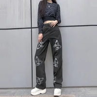 2021 blue black vintage butterfly printed baggy jeans women casual high waist wide leg pant denim cargo pants fashion streetwear