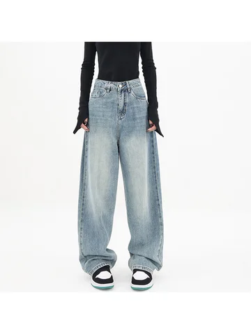 Streetwear Style Vintage High Waist Blue Straight Jeans Pants Korean Fashion Women's Casual Wide Leg Baggy Y2K Denim Trouser