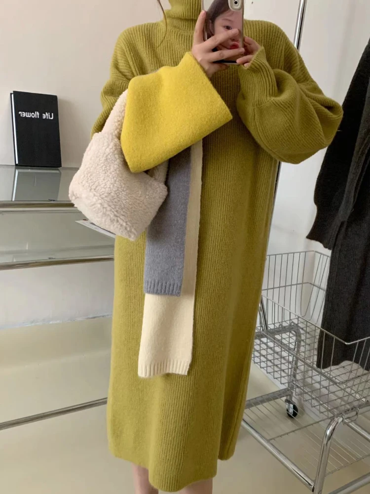 

Turtleneck Long Kintted Sweater Dress Women Pullovers Autumn Winter Warm Thick Jumpers Black Khaki Crochet Y2k E-girl Jumper