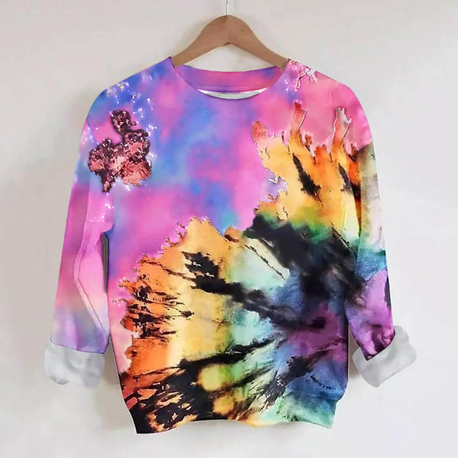 

Women's Casual Tie-Dye O-Neck Top Print Fashion Long-Sleeved 100 Percent Polyester Hoodie Plain Sweatshirt with Pockets