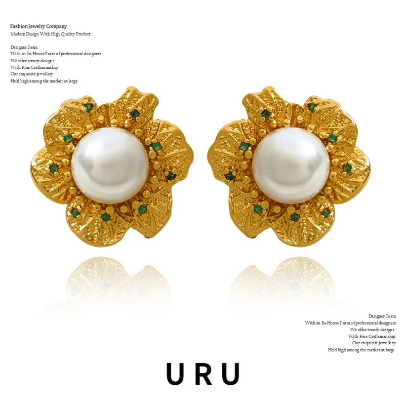 

Fashion Jewelry 925 Silver Needle Flower Earrings Pretty High Quality Brass Green Zircon Simulated Pearl Earrings For Women