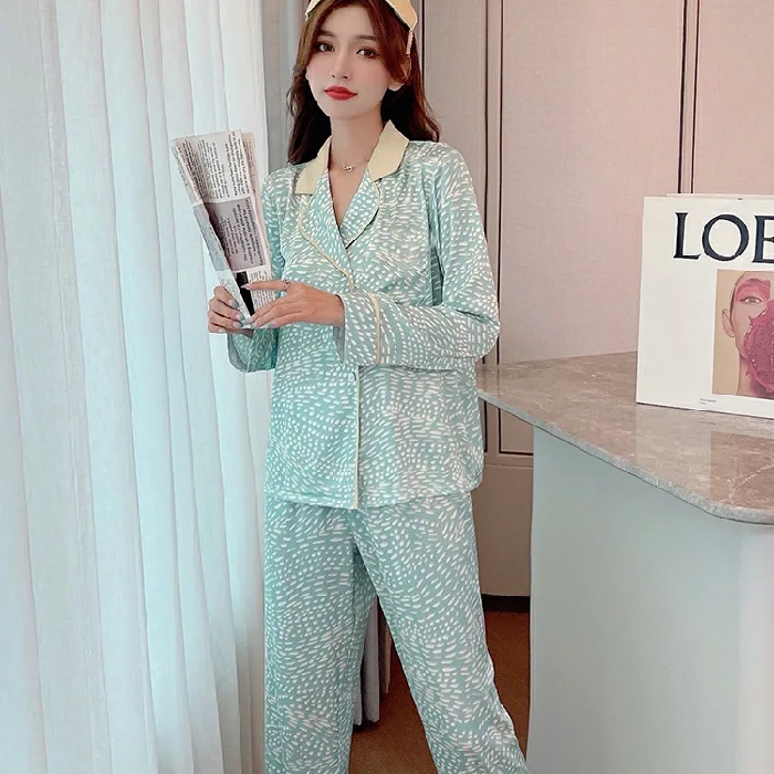 2 Pcs Silk Sleepwear Spring Long Sleeve Leopard Print Korea Style Pajamas Satin Homewear Comfortable Pyjama For Female 2022