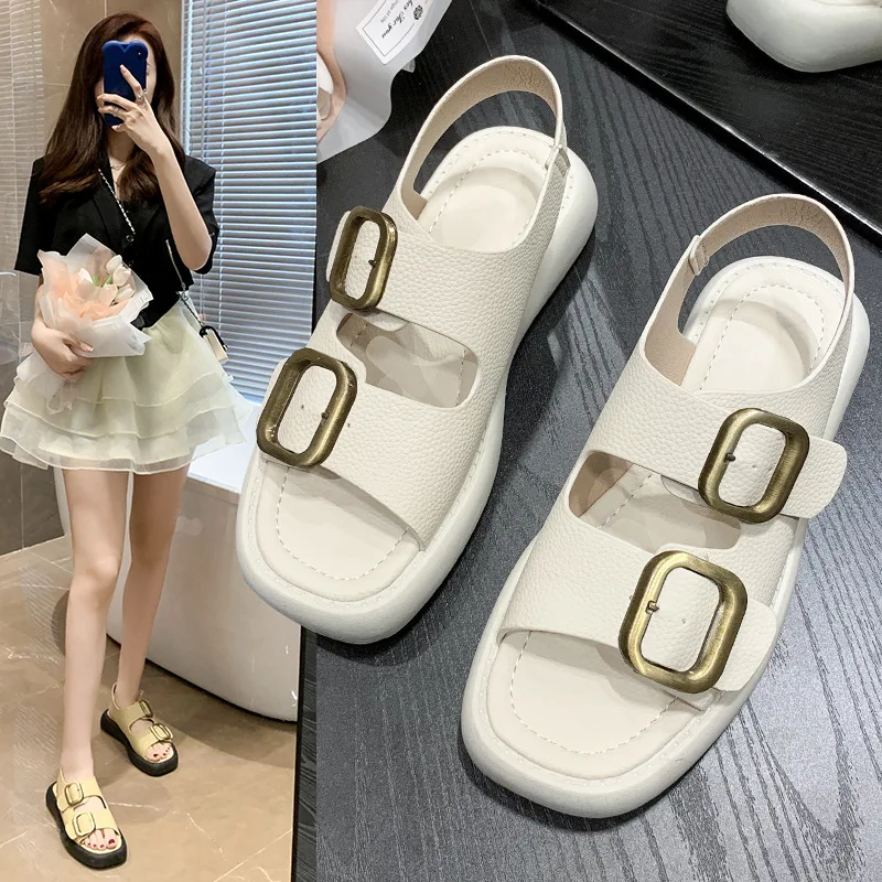 

Сандалии женские кожаные на низком каблуке, с пряжкой, в стиле ретро