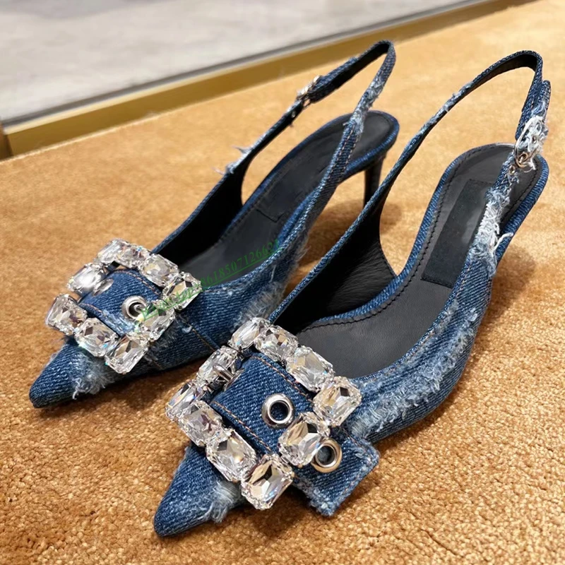 Retro Denim Ripped High Heels Women's 2023 New Spring And Summer Pointed Toe Diamond Niche Design Sandals