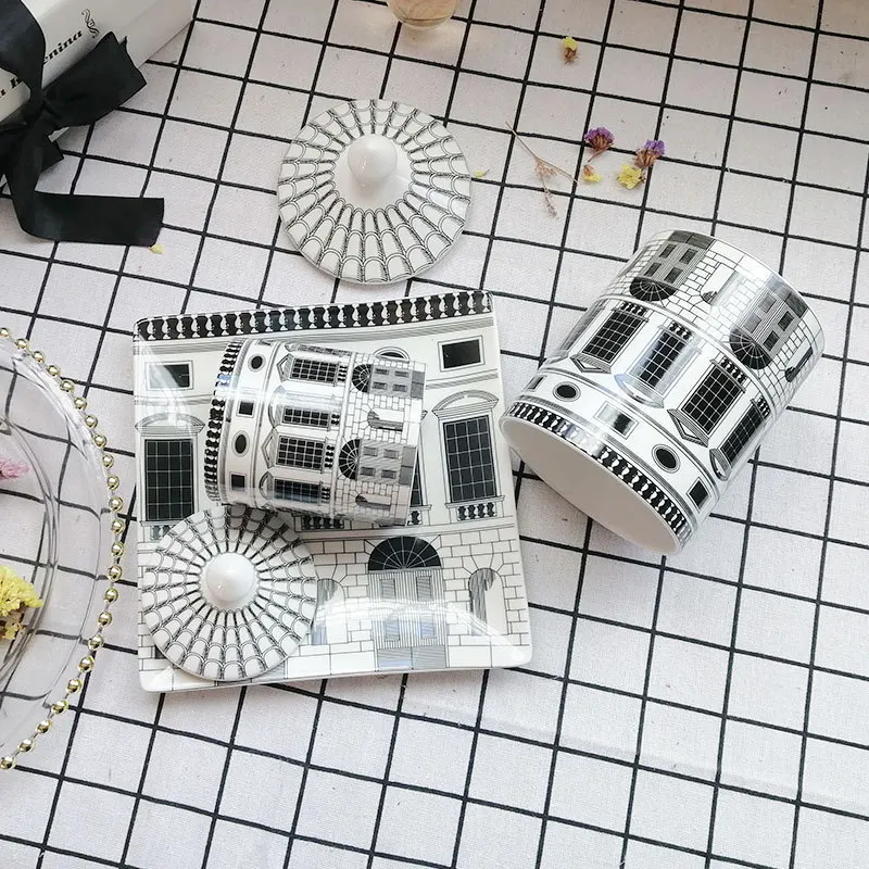 

Nordic Classical Black and White Architectural Art Ceramic Decorative Pot Storage Tank with Lid Square DimSumPlateDecorativeTray