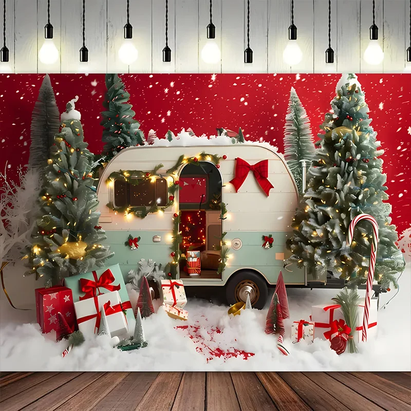 Christmas Photography Background Retro Truck Xmas Tree Forest Snow Candy Cane New Year Party Props