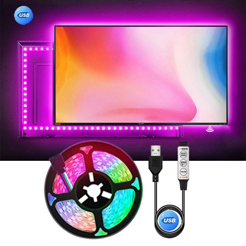 

Светодиодная ленсветильник для гостиной, телевизора, неосветильник освещение, 5 в постоянного тока, SMD5050, Светодиодная лента RGB с 3 клавишами,...