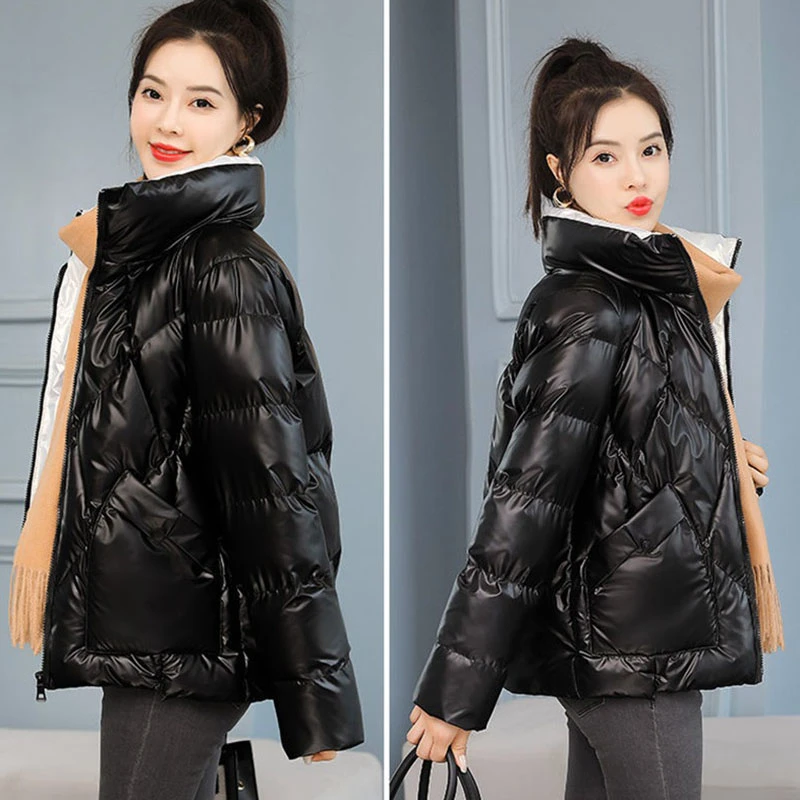 Women's Winter Glossy Parkas 2022 New Solid Elegant Loose Coat Warm Down Casual Cotton Padded Jacket Fashion Streetwear Outwear