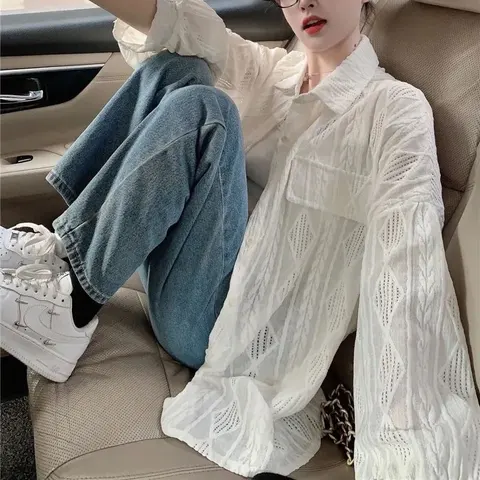 Женская одежда, Базовая рубашка в Корейском стиле на весну и осень, Повседневная однобортная модная ажурная блузка с воротником-поло для поездок