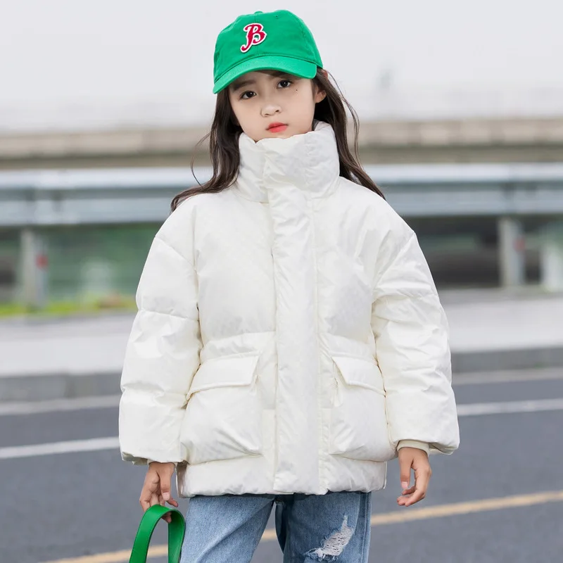 Blue Beige Plaid Loose Down Jackets For Boys Girls Stand Collar Winter Coats Clothing New Fashion 2022 Kids Loose Outerwear Tops