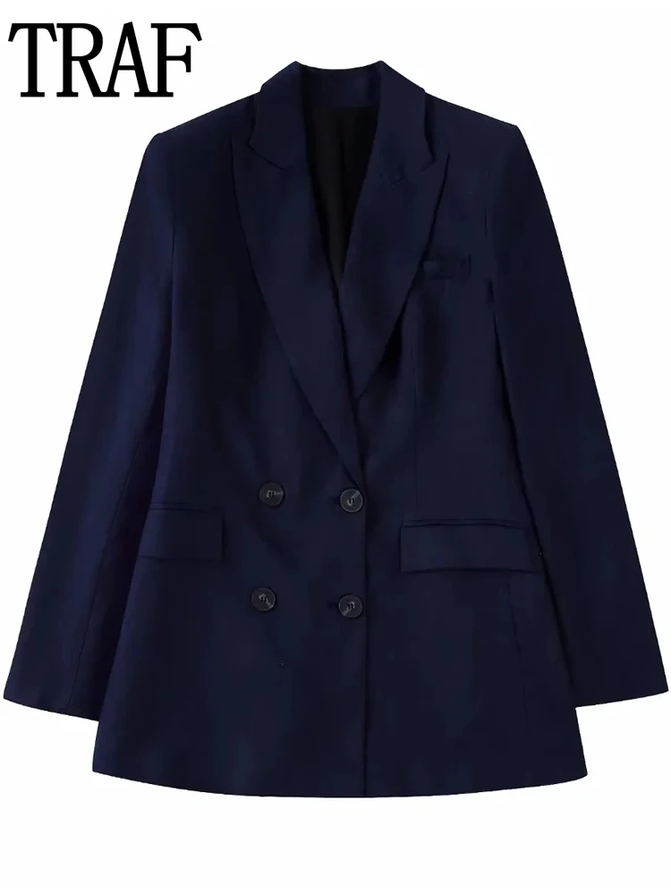 

TRAF Navy Blue Casual Blazer Woman 2022 Long Sleeve Blazers Sets Double Breasted Button Loose Blazer Autumn Jacket Female Suit