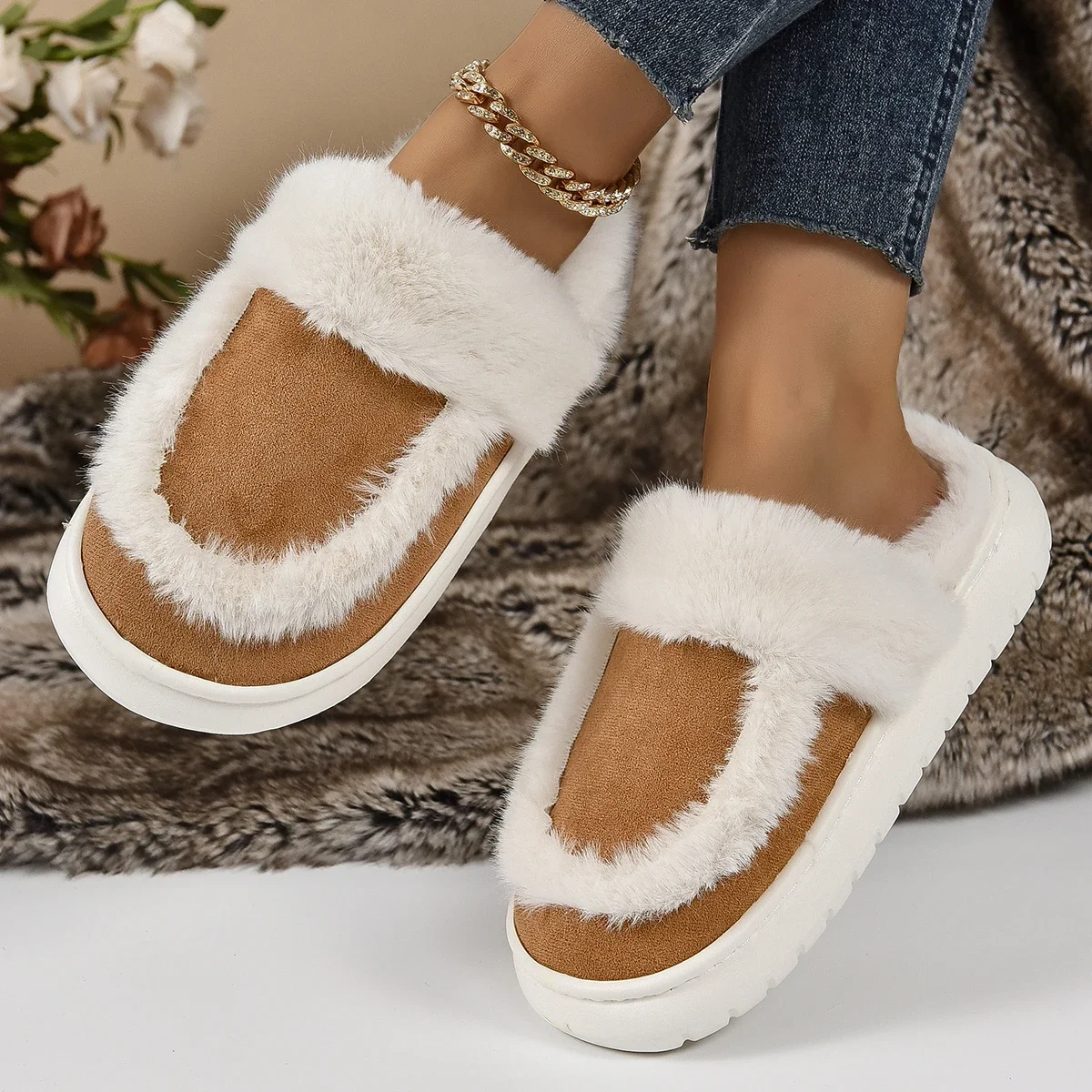 

Brand Design Luxury Winter Fur Slippers Women Indoor Outdoor Warm Plush Slippers Woman Comfort Non Slip House Shoes Plus Size 45