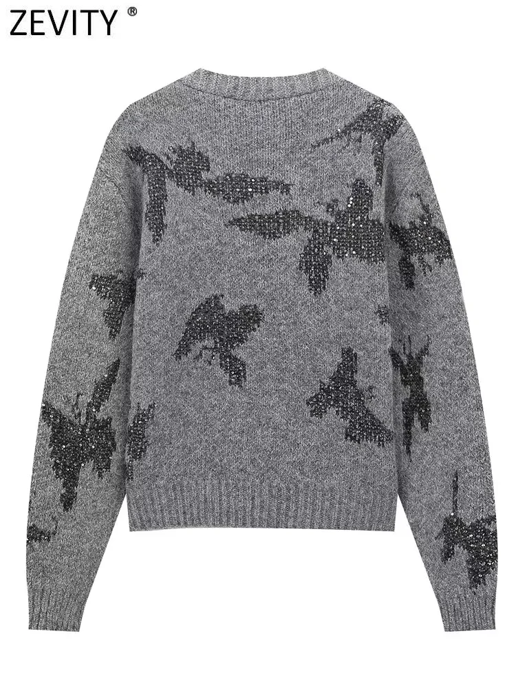 Новинка Женский жаккардовый вязаный свитер Zevity с блестками и V-образным вырезом
