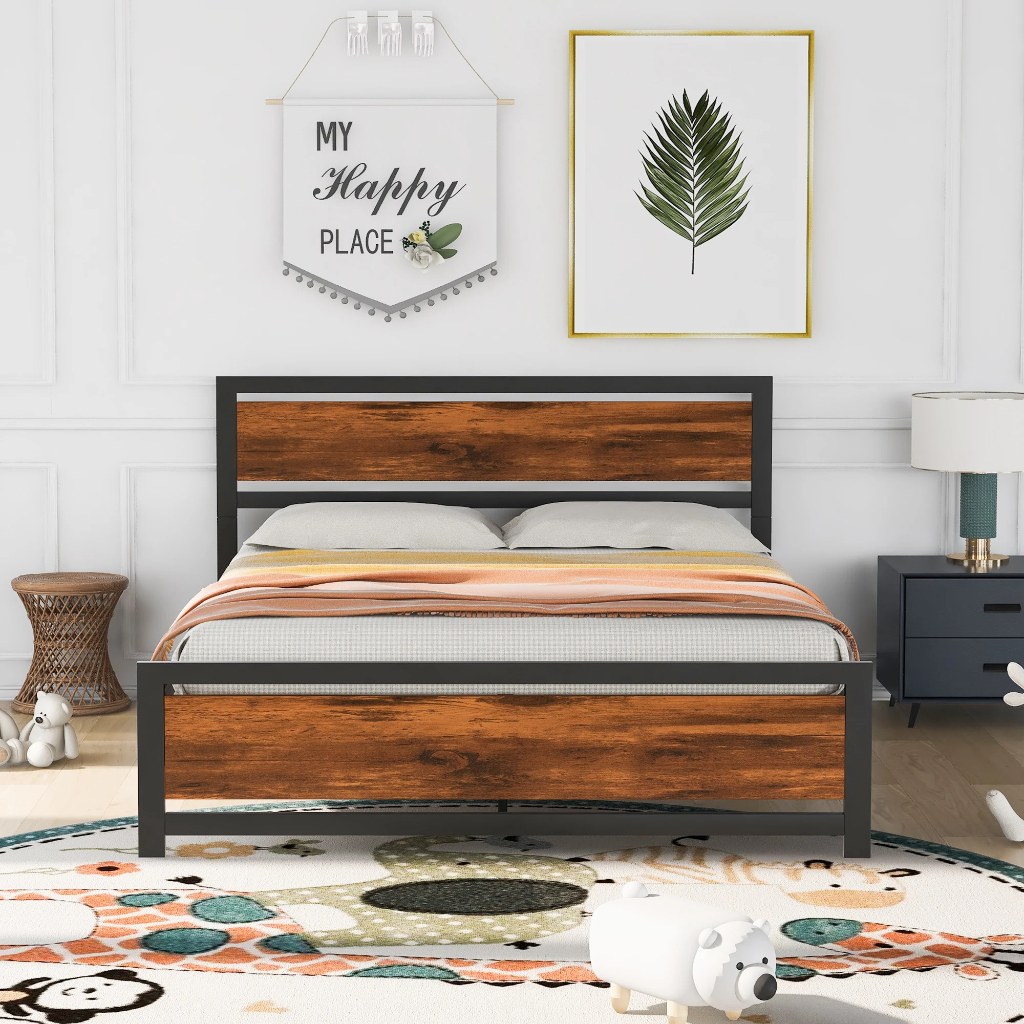 With Headboard&footboard Platform Bed Rustic Brown No Box Spring Needed Easy To Assemblel