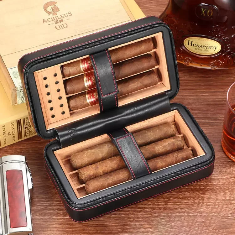 

Leather Cigar Humidor Box Travel Portable Cedar Wood Cigar Case 4 Holder Cigar Box W/ Humidifier Hygrometer Gift Box
