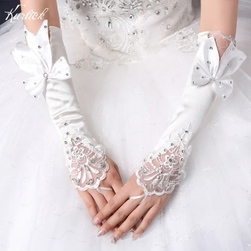 

Elegant Bridal Gloves with Bow Beads White/Ivory Fashion Wedding Accessories Brand New Fingerless Wedding Gloves